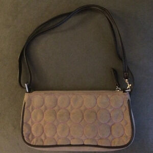 Liz Claiborne Small Clutch Purse in‎ Tan Suede with Pink Circle Pattern Baguette